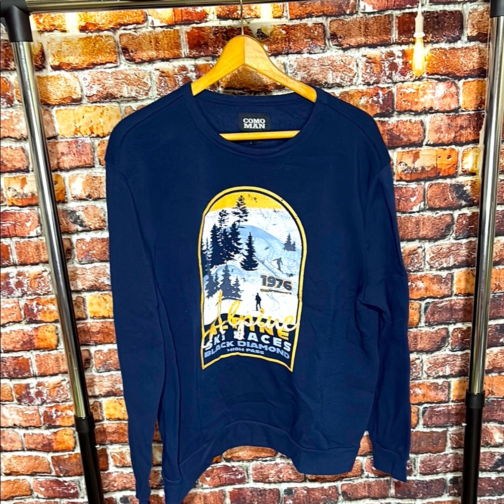Como Man crewneck pullover Navy Graphic ski Sweatshirt large men’s